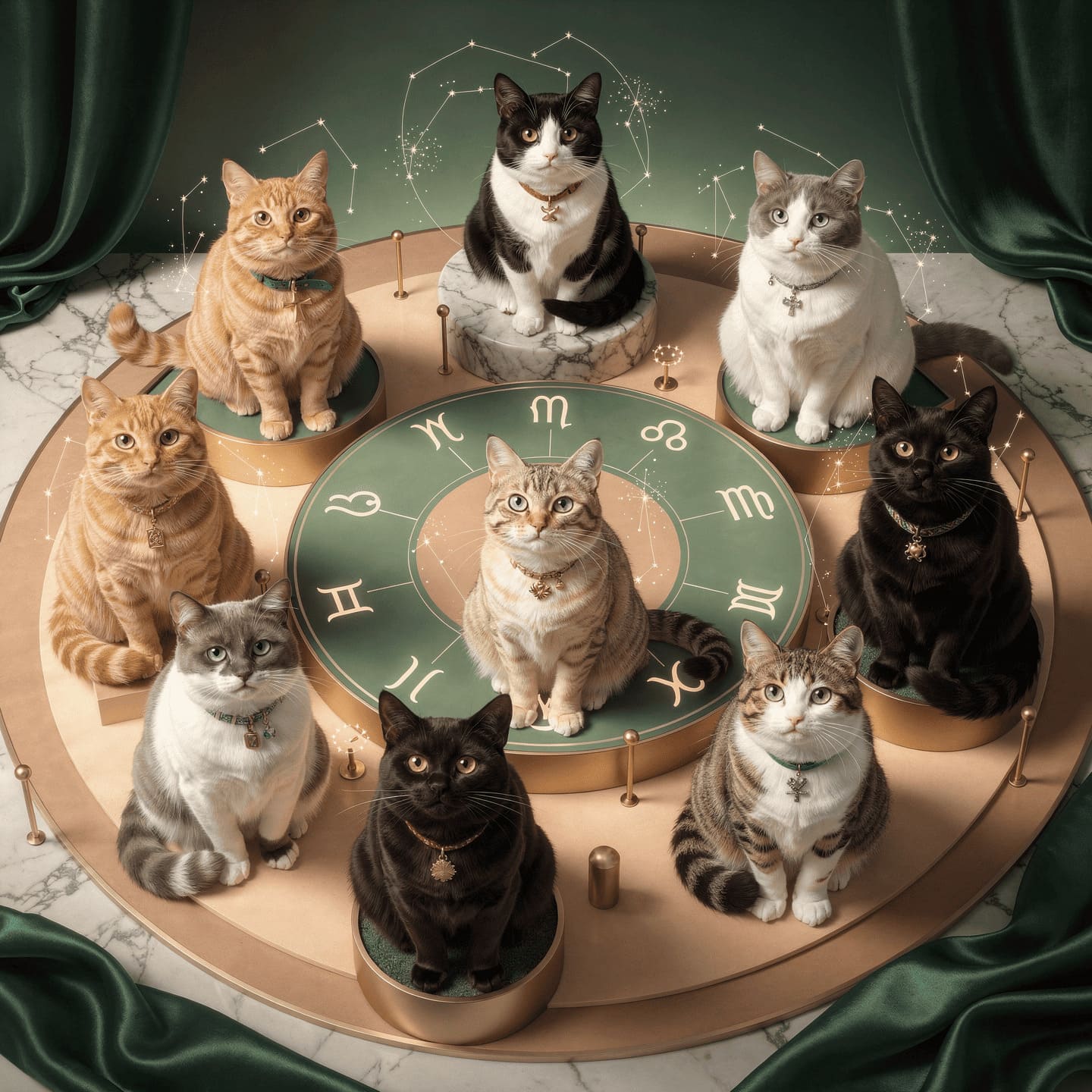 A detailed illustration of various cat zodiac signs