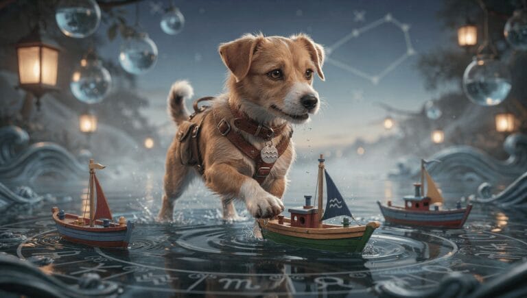 An illustrated dog of a Aquarius zodiac sign cat exploring a whimsical