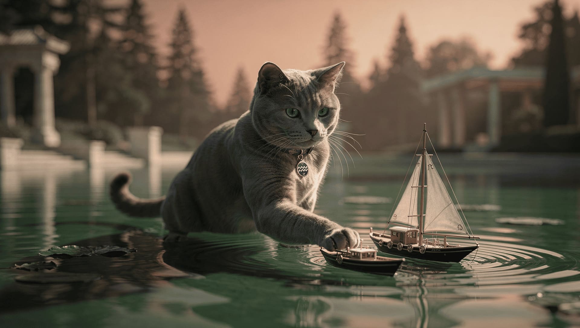 An illustrated figure of a Aquarius zodiac sign cat exploring a whimsical