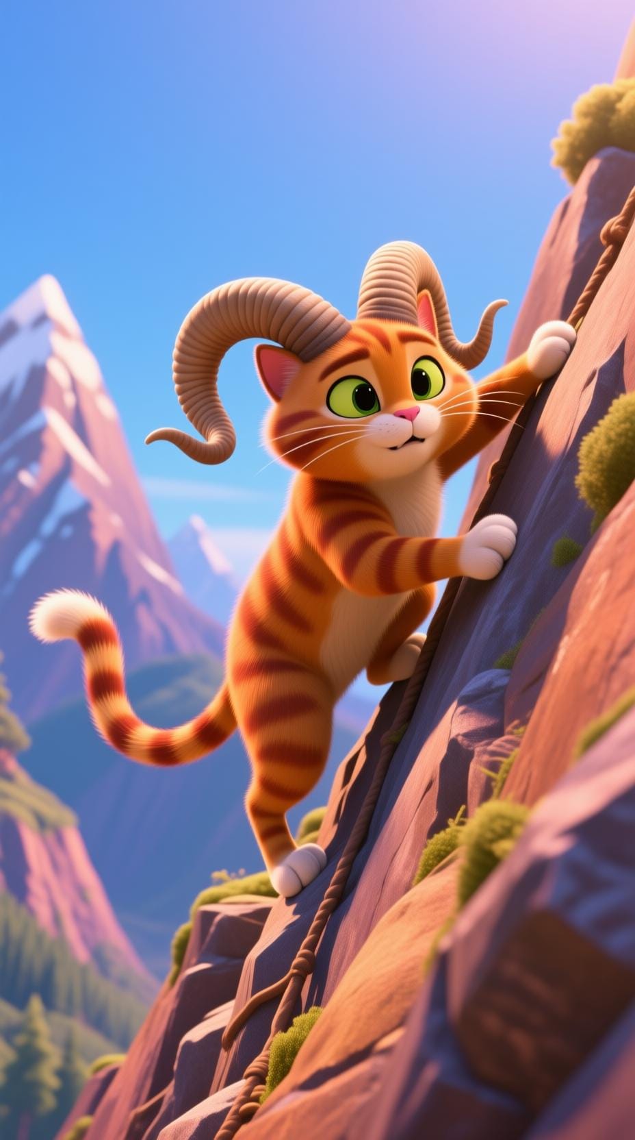 An illustrated figure of a Capricorn, cat, climbing a steep, rugged path