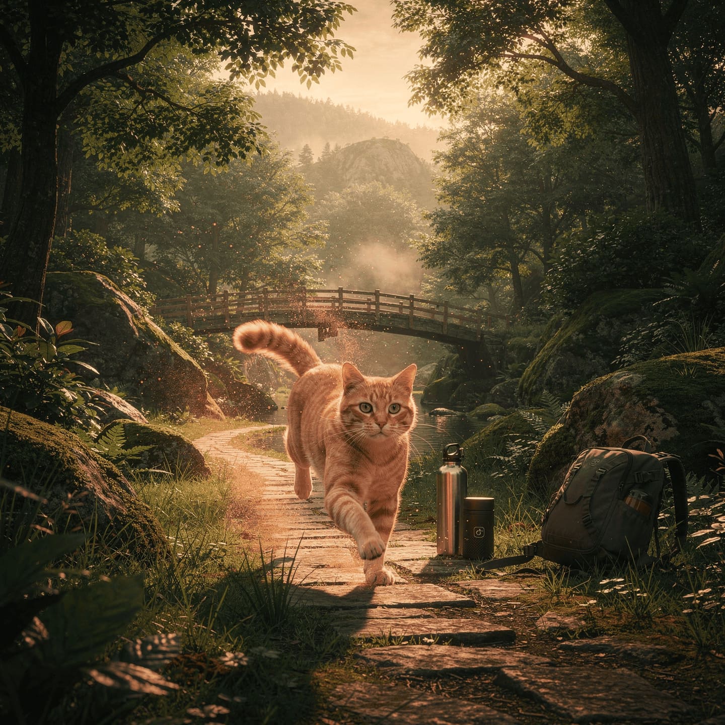 adventurous cat exploring outdoors, dynamic movement