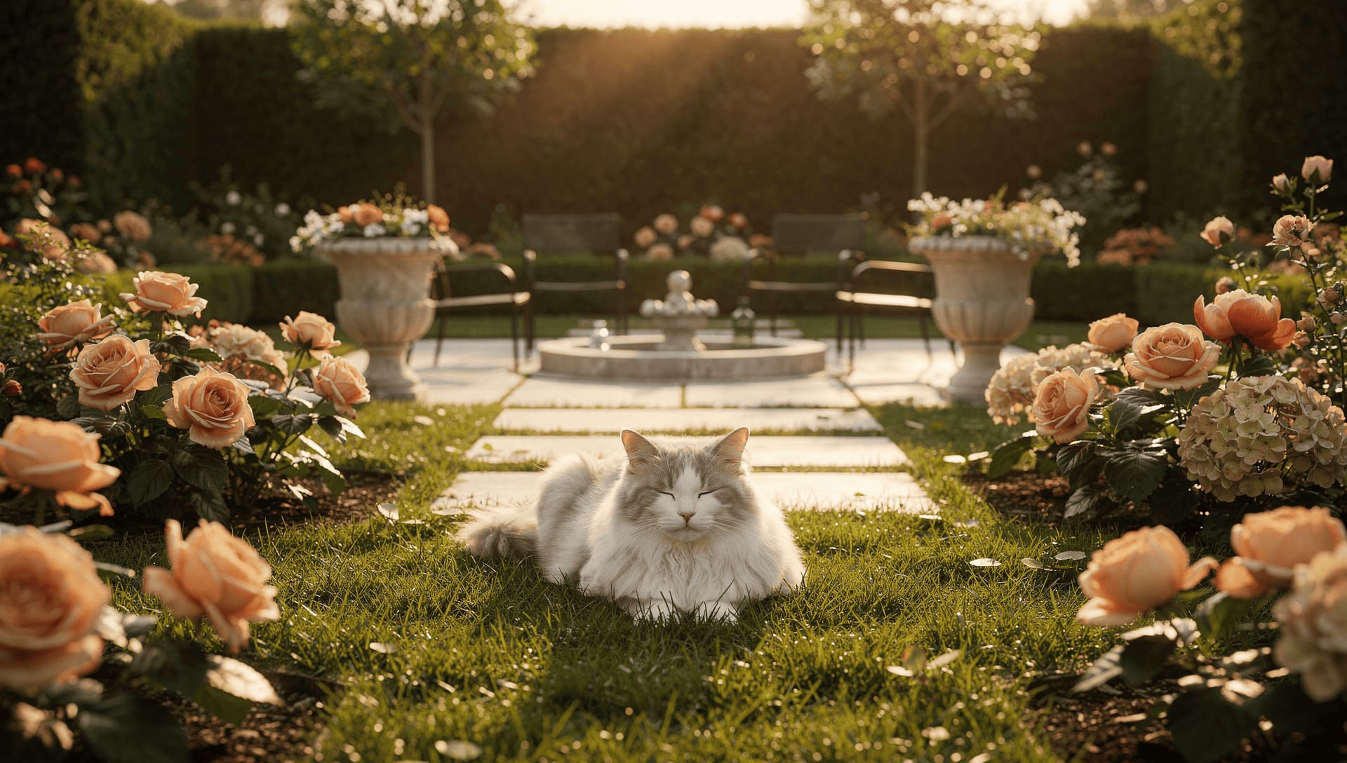cat lounging in sunny garden among flowers