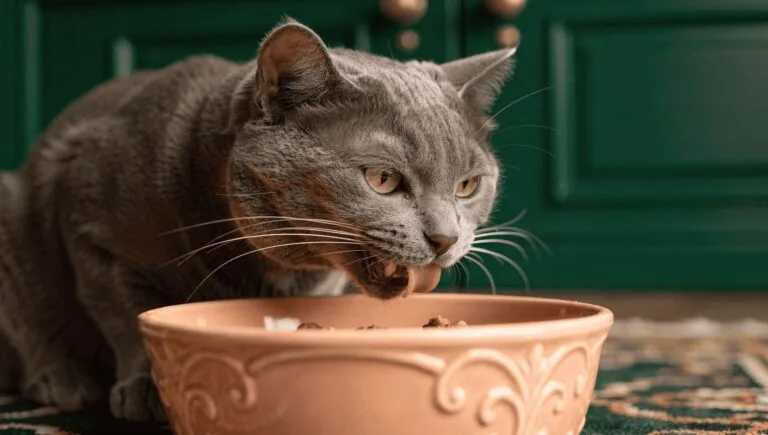 contented cat eating from elegant food bowl