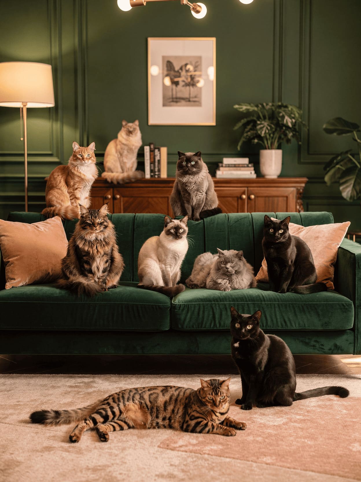 diverse group of cats of different breeds sitting together peacefully,