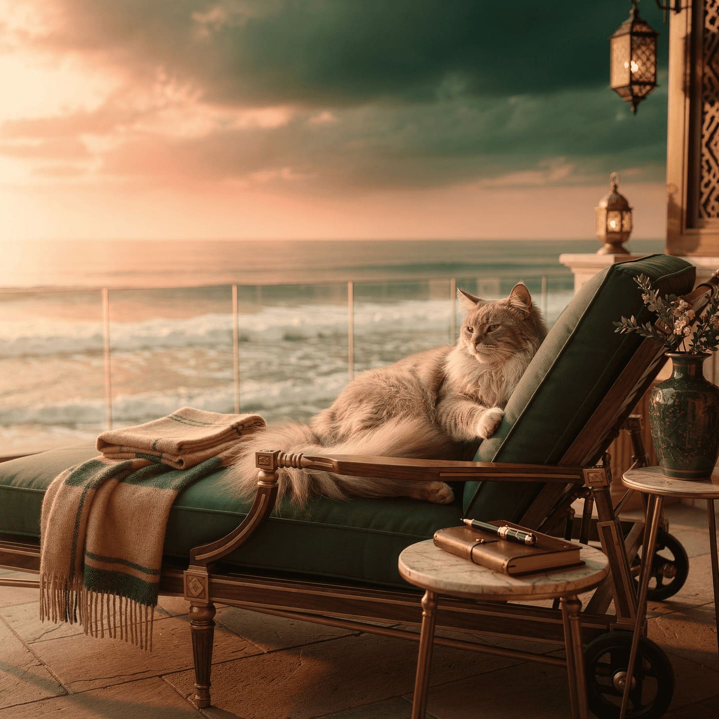 dreamy cat by the ocean, romantic atmosphere