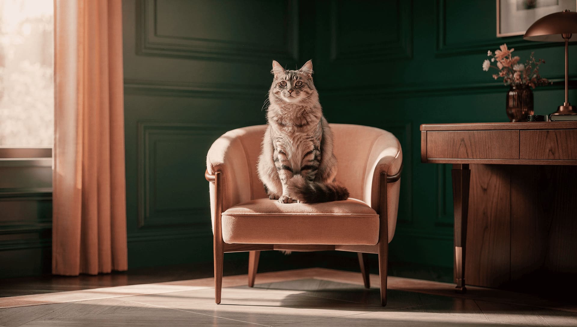 elegant balanced cat sitting peacefully observing, soft natural lighting