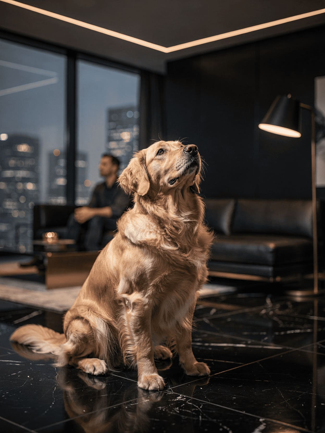 happy golden retriever dog looking lovingly at owner