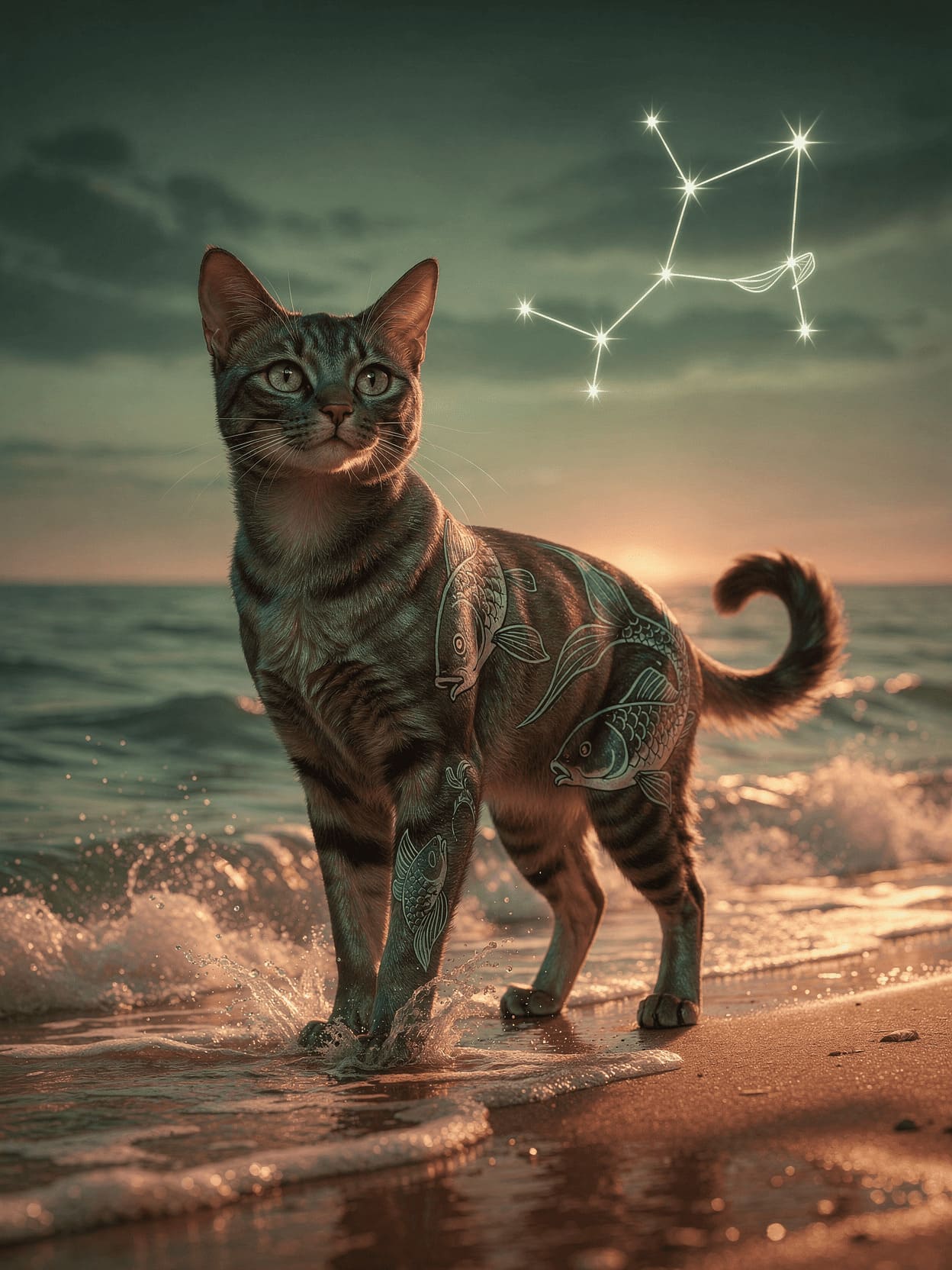 illustrated figure of kitty a Pisces zodiac sign standing by the ocean