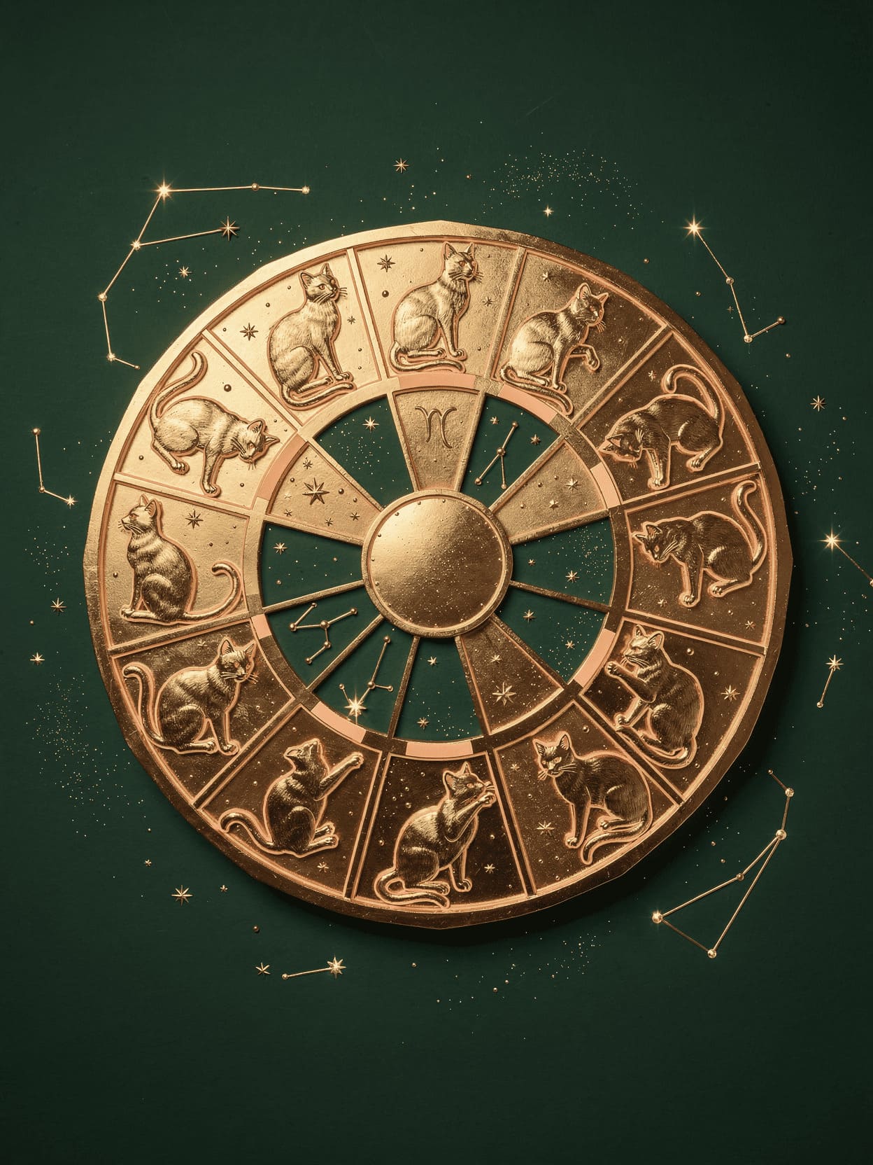 mystical zodiac wheel with cat silhouettes, celestial stars and constellations, magical atmosphere