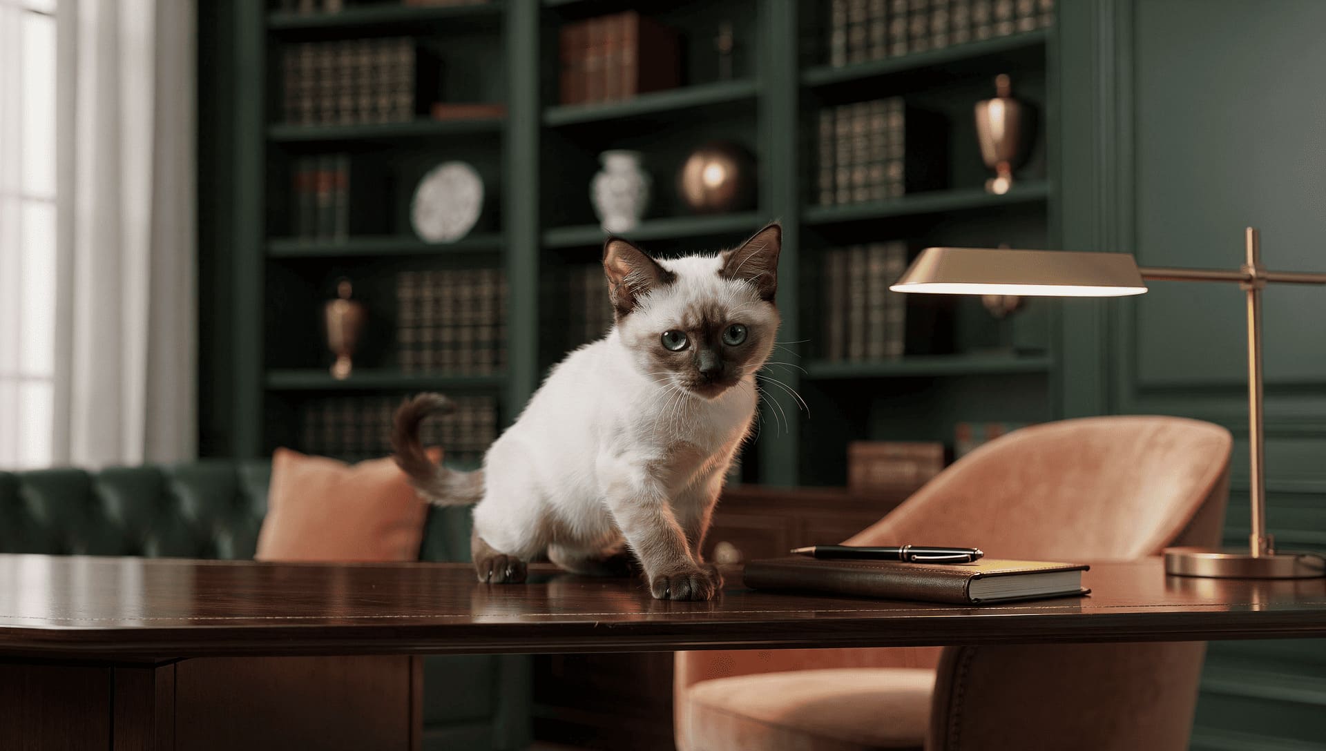 playful siamese kitten with mischievous expression, bright eyes