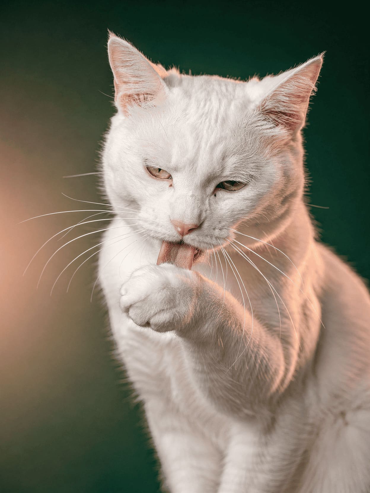 pristine white cat grooming itself meticulously, clean background
