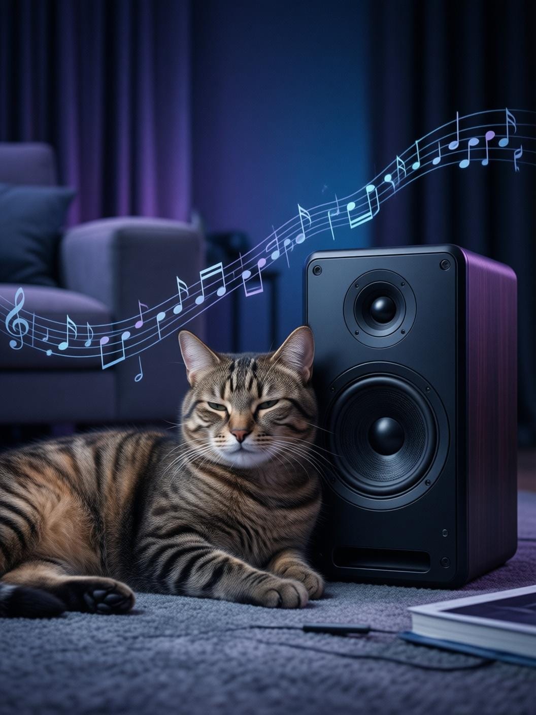 calm cat lying peacefully near a speaker with soft classical music notes floating, cozy interior