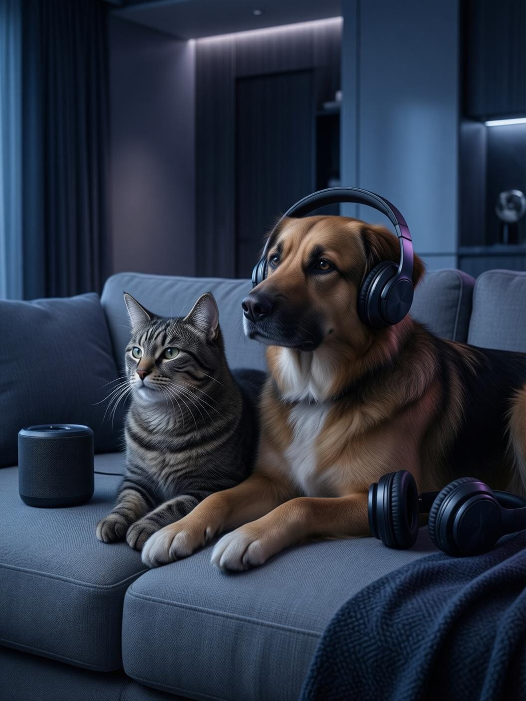 cat and dog relaxing together listening to music, soft warm light, cozy home atmosphere