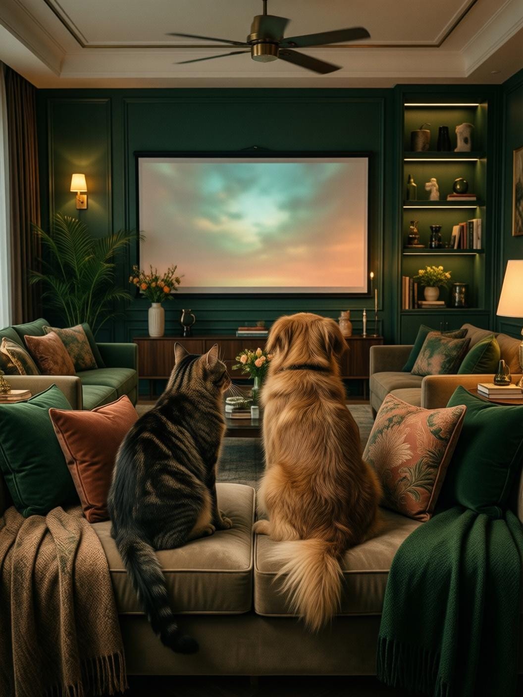 cat and dog sitting together watching a glowing screen in a cozy living room, warm light, cinematic mood