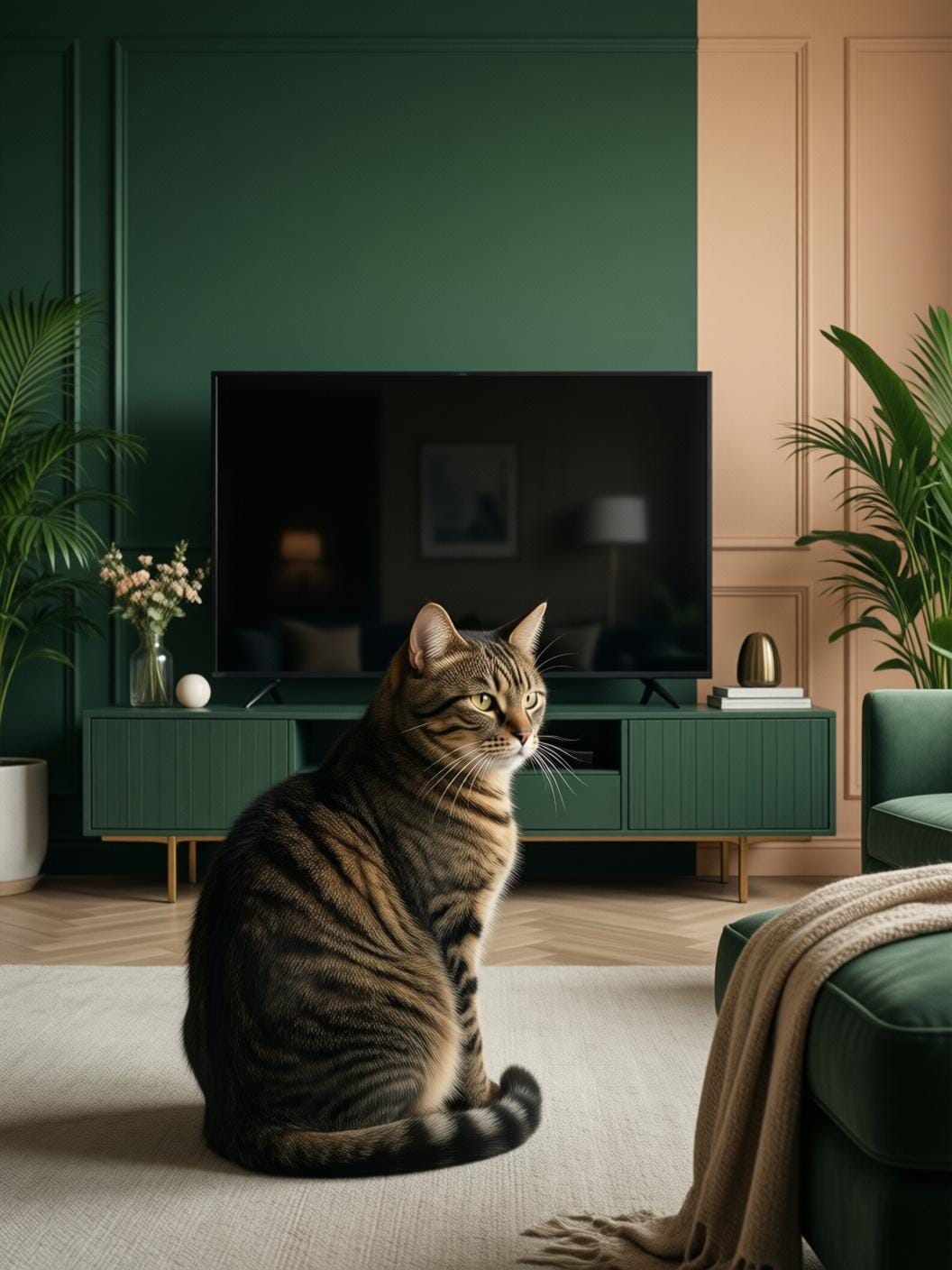 cat sitting indifferently in front of a television, looking away, minimalist home setting