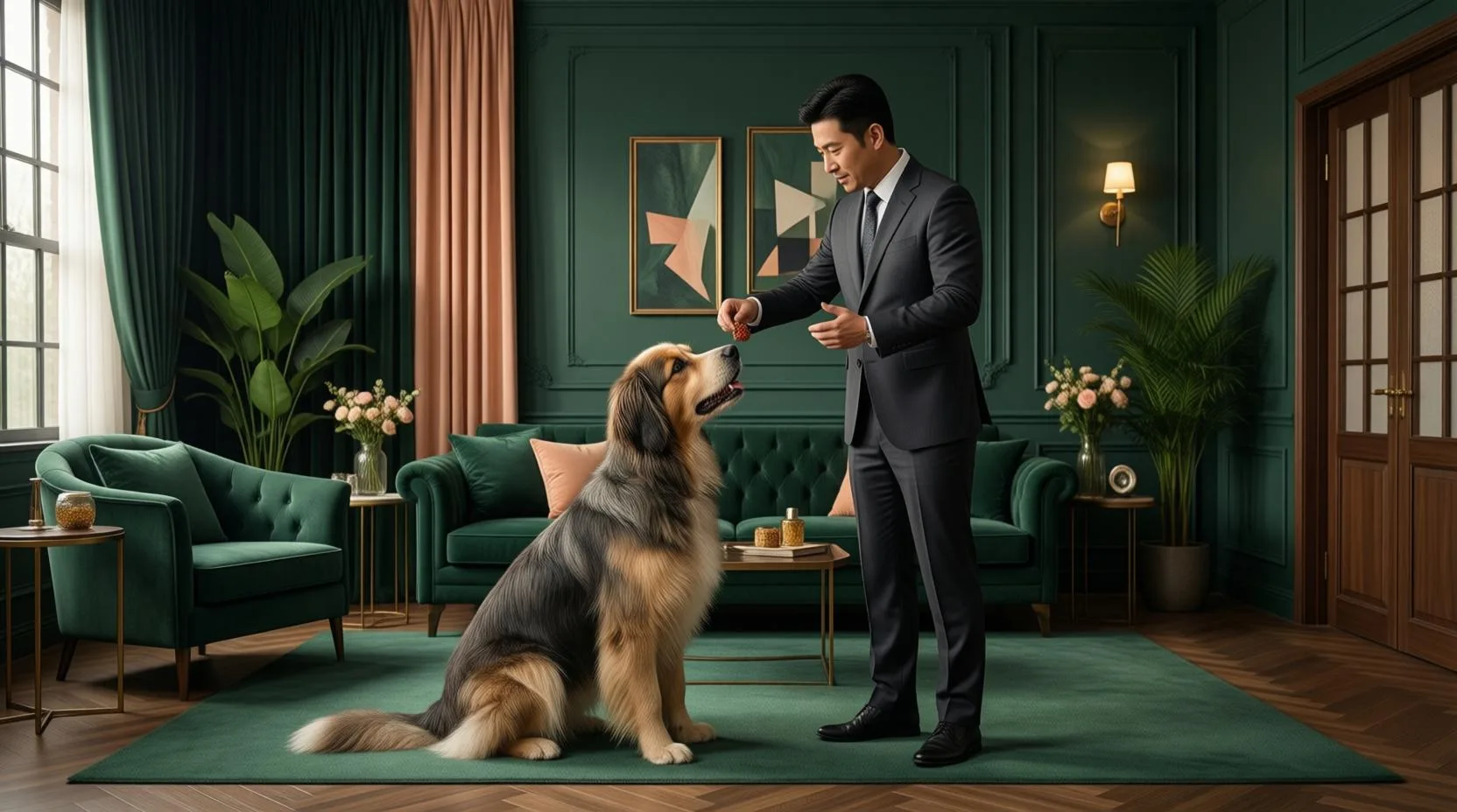 dog training session with owner giving commands, positive reinforcement