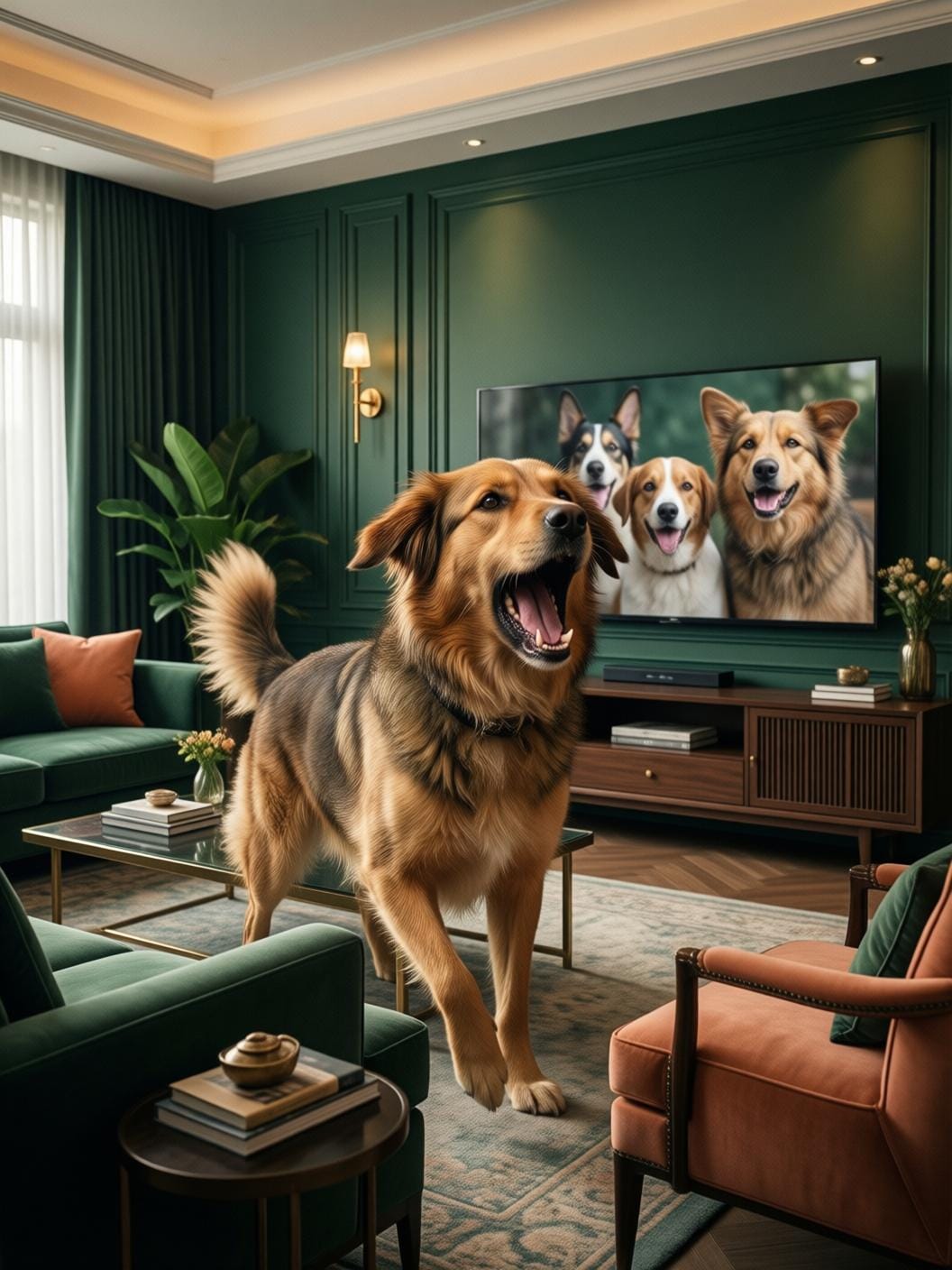 excited dog barking at a television screen showing other dogs, living room, dynamic energy