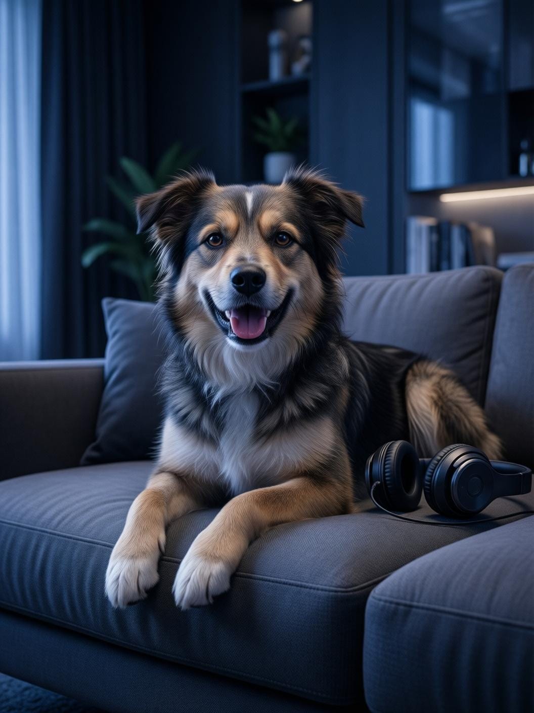 happy dog relaxing on a couch with headphones nearby, warm sunlight, peaceful home setting