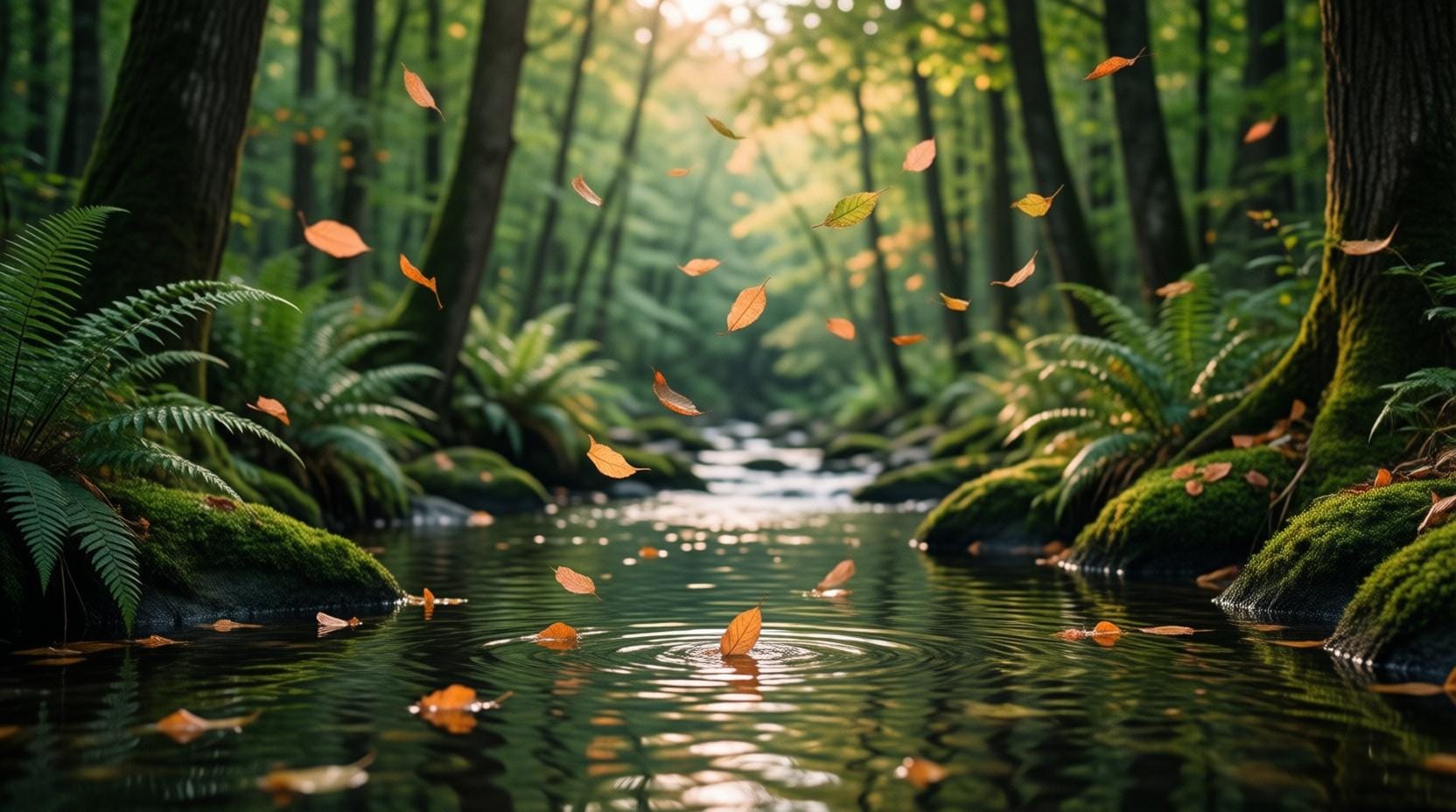 peaceful nature scene slow moving leaves and water stream, calm atmosphere