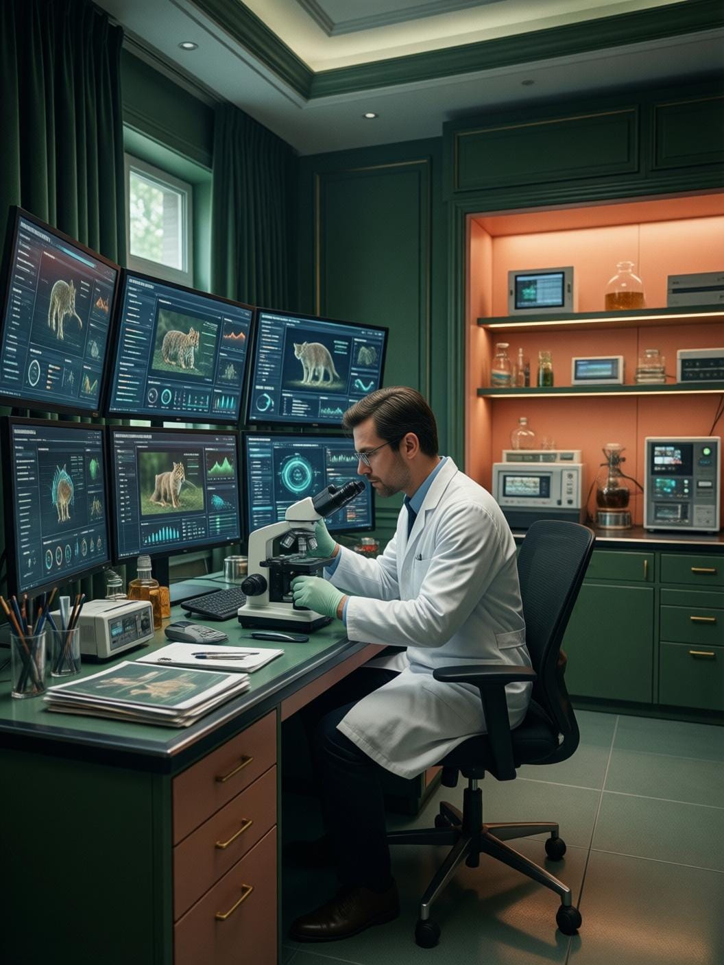 scientist researcher studying animal behavior with screens and data in a modern lab