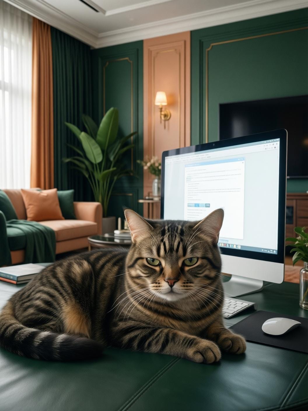 tired cat lying in front of a bright screen, slightly stressed, soft indoor light