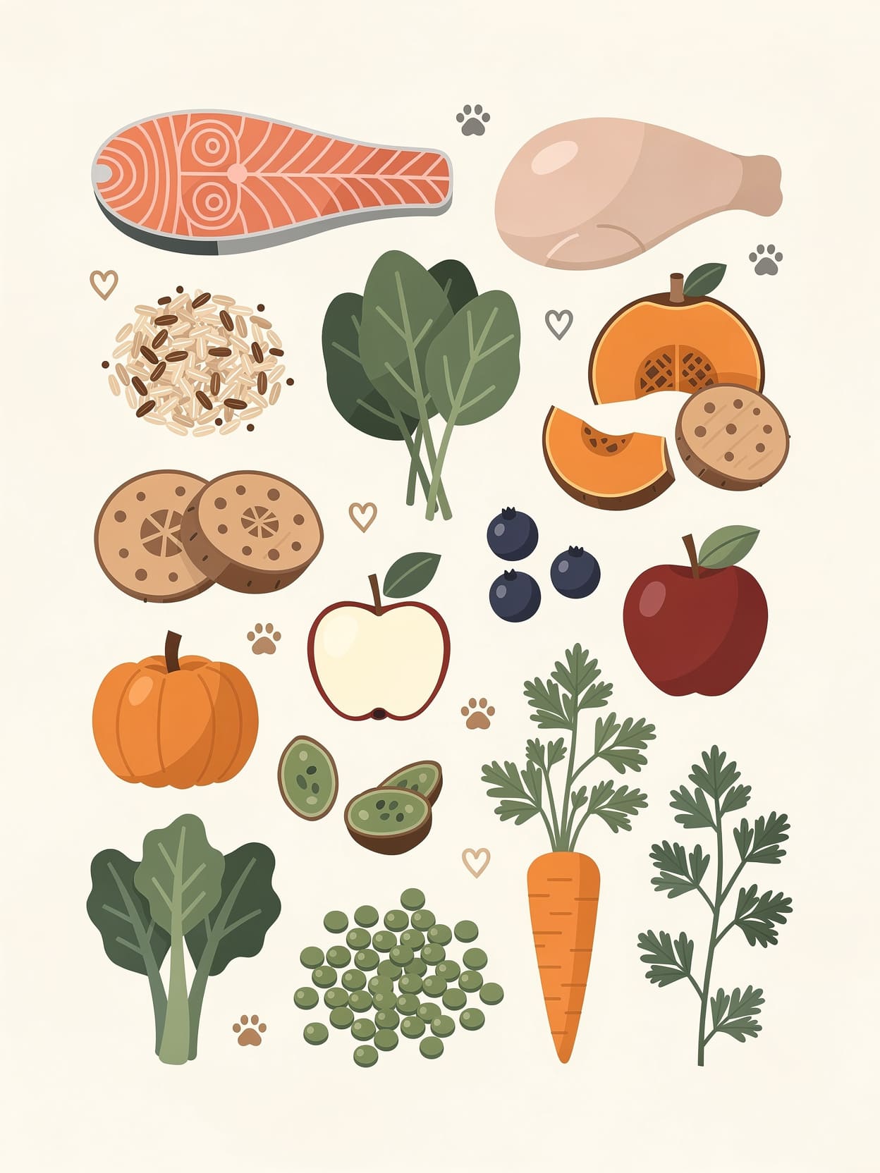 assortment of organic dog food ingredients laid flat