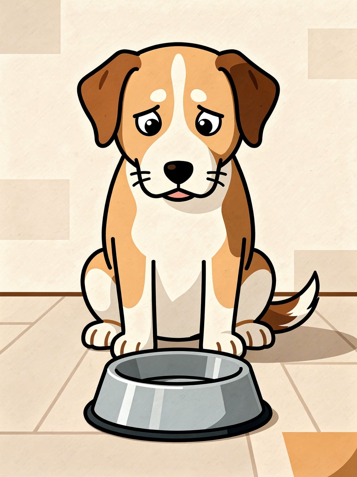 dog looking at empty food bowl with concern