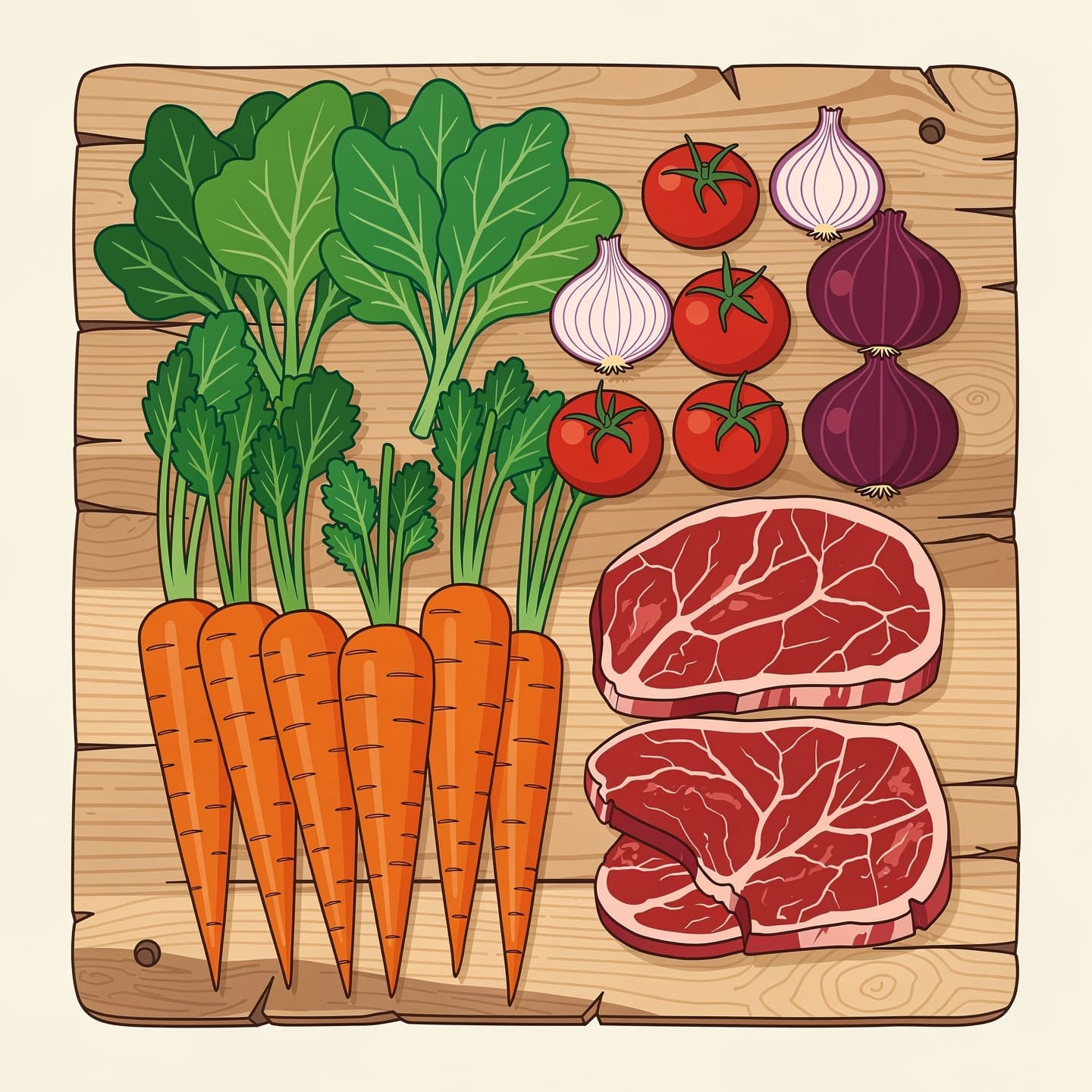 fresh organic vegetables and raw meat on wooden table