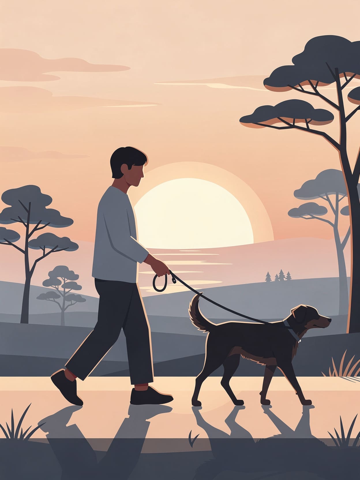 person and dog walking together at sunrise