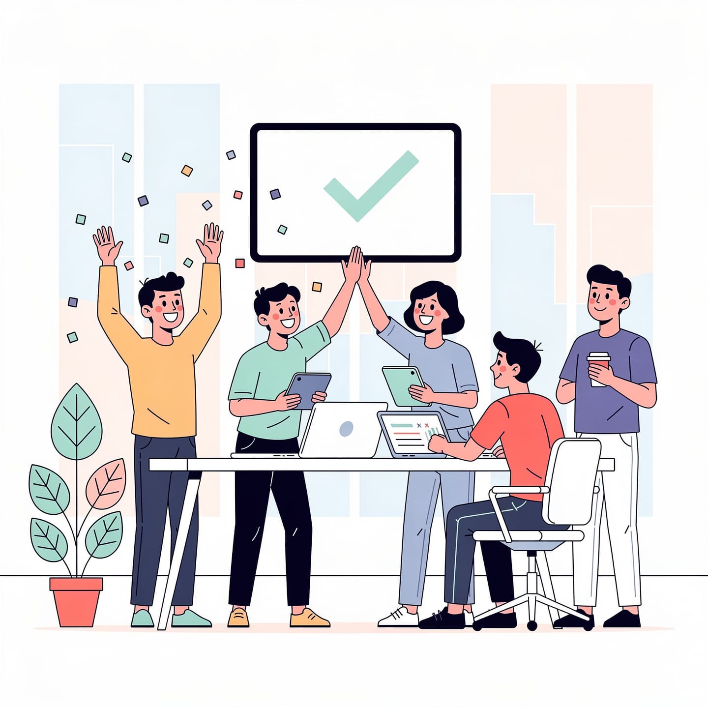 startup team celebrating product launch milestone